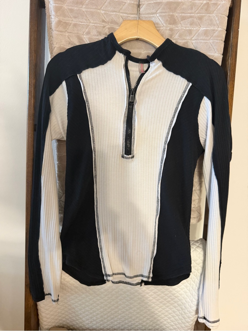Free People Black & White Ribbed Zip-Up Pullover
